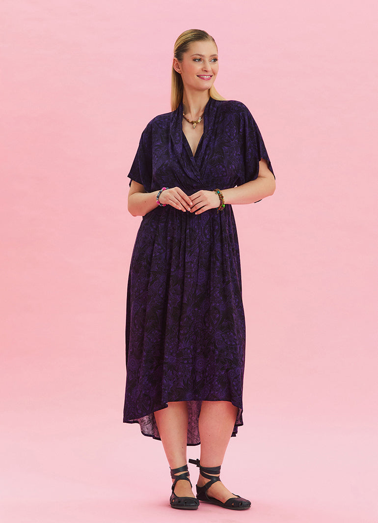 V Neck Gathered Detailed Purple Summer Dress 4533