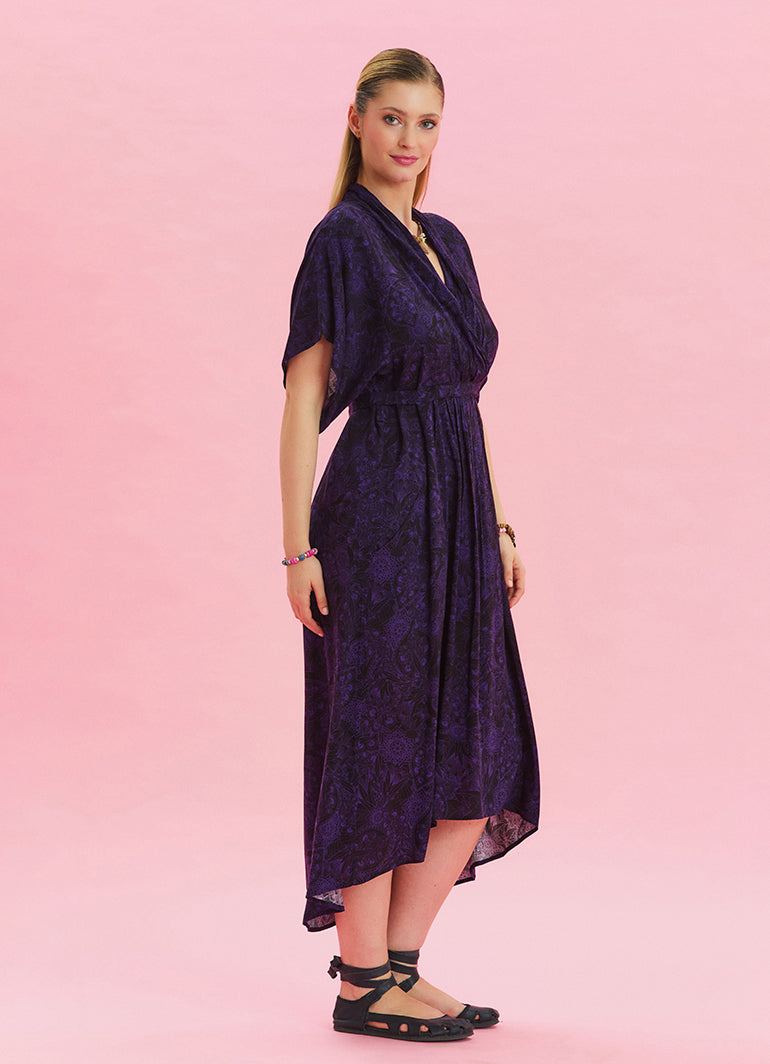 V Neck Gathered Detailed Purple Summer Dress 4533