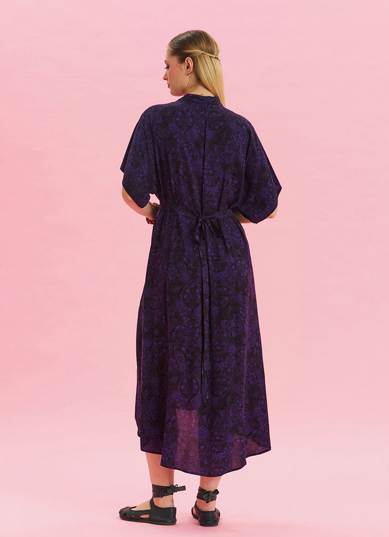 V Neck Gathered Detailed Purple Summer Dress 4533