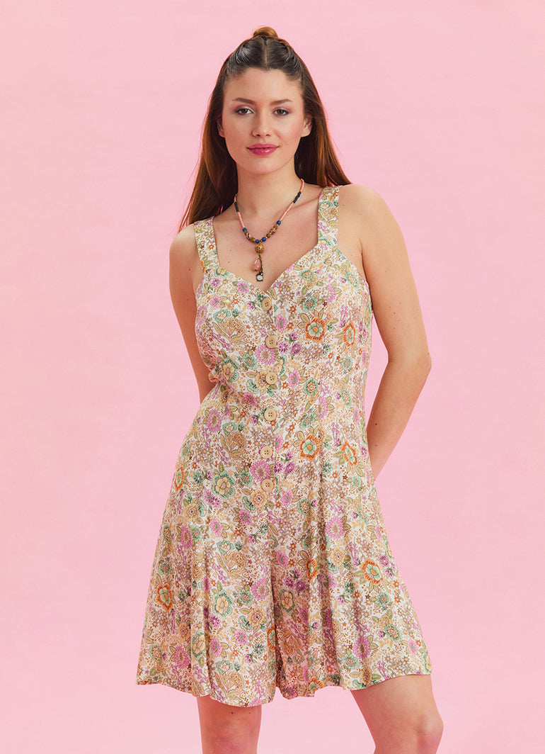 Thin Strap Button Detailed Beige Summer Jumpsuit 4568