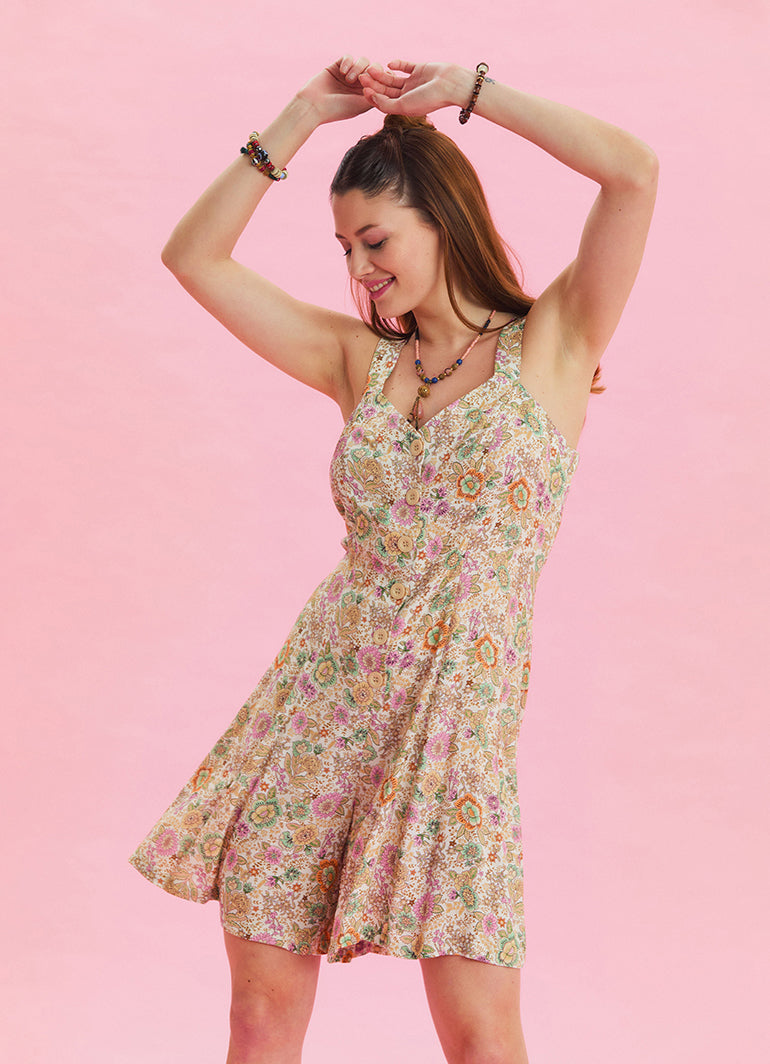 Thin Strap Button Detailed Beige Summer Jumpsuit 4568