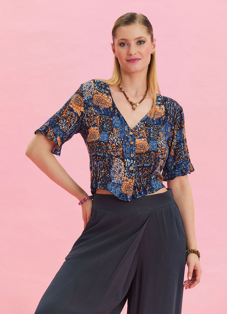 V Neck Lace Back Detail Buttoned Bohemian Blouse 4636