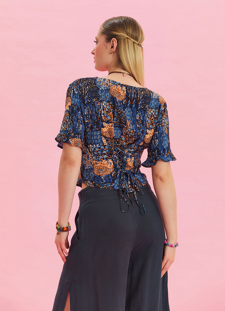 V Neck Lace Back Detail Buttoned Bohemian Blouse 4636
