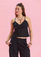 V Neck Thin Straps Black Summer Blouse 4438