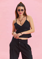 V Neck Thin Straps Black Summer Blouse 4438