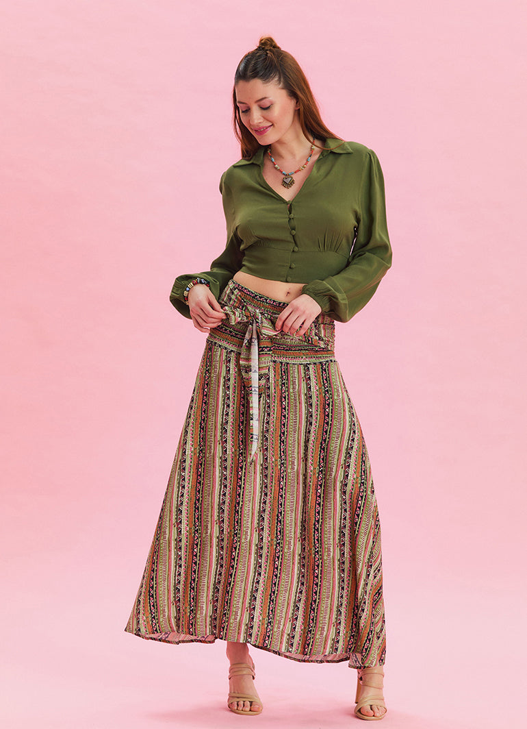 Gipe Waist Tied Khaki Patterned Long Skirt 4496
