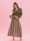 Gipe Waist Tied Khaki Patterned Long Skirt 4496