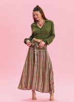 Gipe Waist Tied Khaki Patterned Long Skirt 4496
