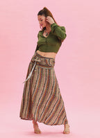 Gipe Waist Tied Khaki Patterned Long Skirt 4496