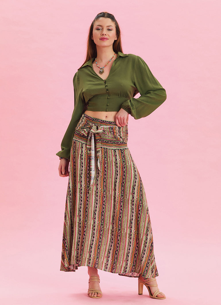 Gipe Waist Tied Khaki Patterned Long Skirt 4496
