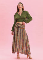 Gipe Waist Tied Khaki Patterned Long Skirt 4496