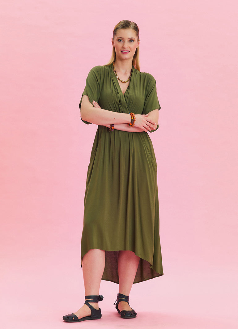 V Neck Pleated Detailed Khaki Casual Dress 4531