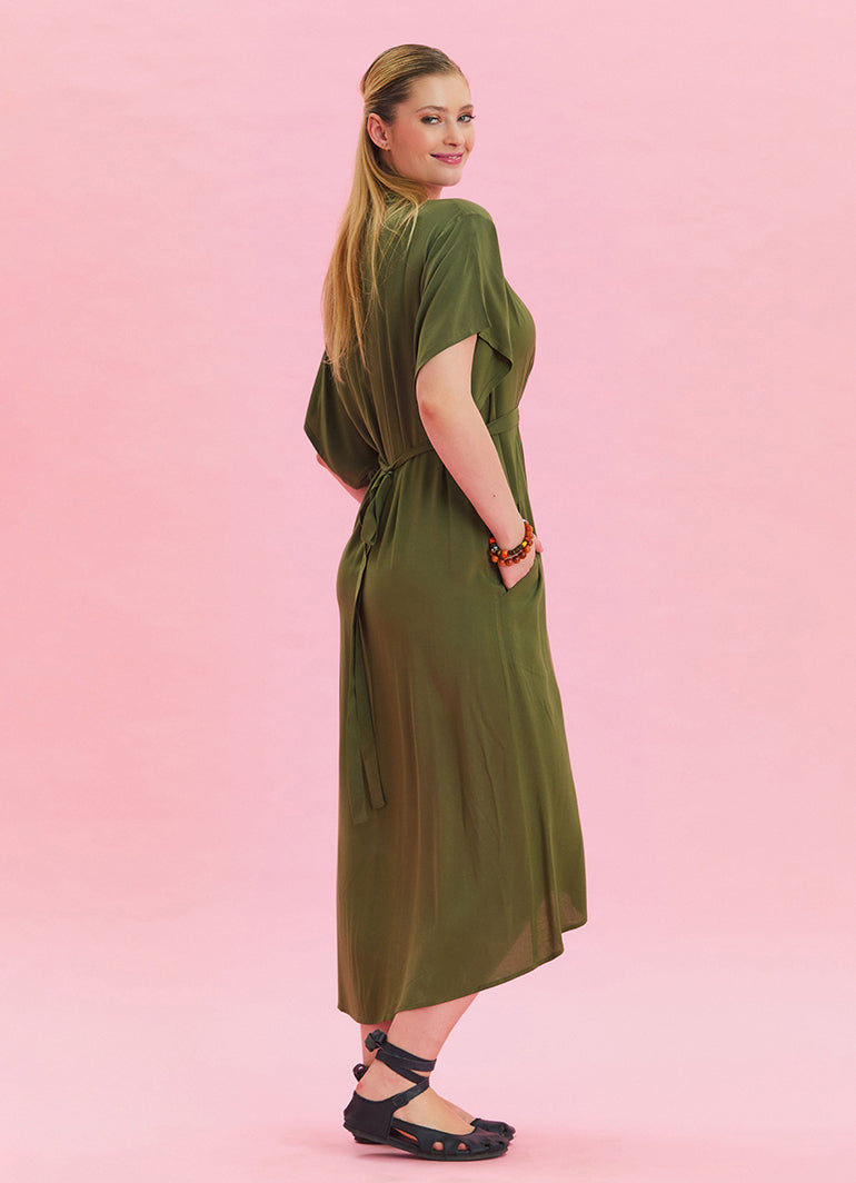 V Neck Pleated Detailed Khaki Casual Dress 4531