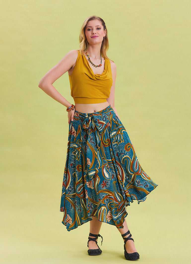 Petrol Midi Skirt with Waist Tie and Gipe Detail 4505