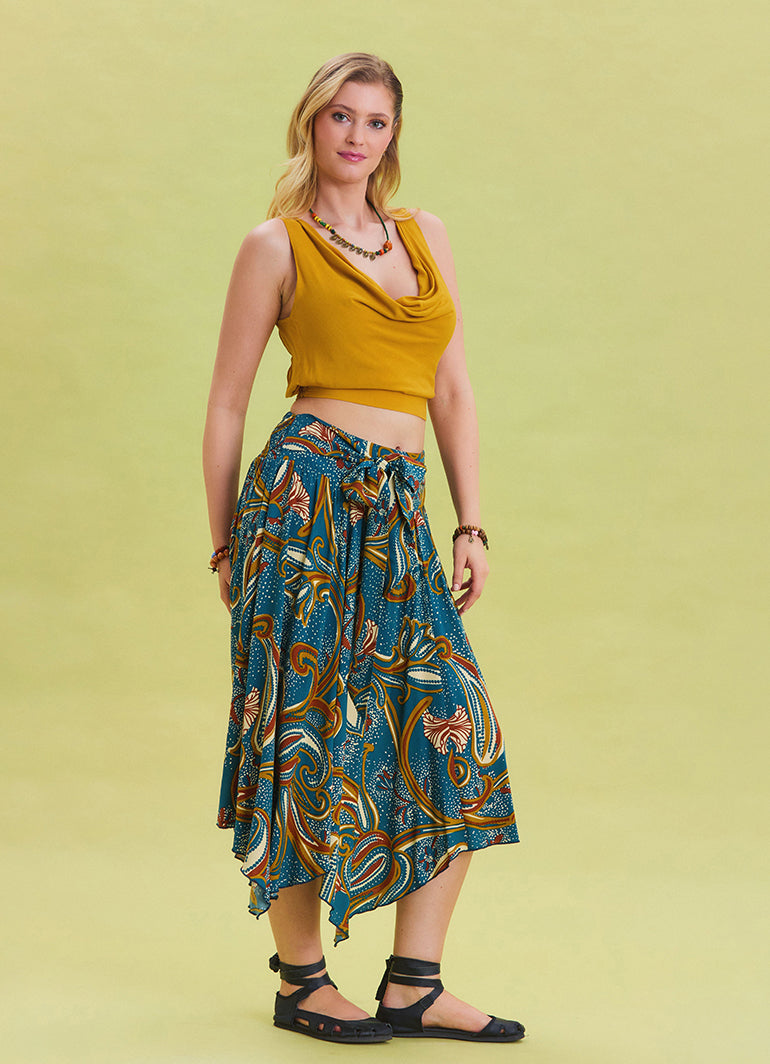 Petrol Midi Skirt with Waist Tie and Gipe Detail 4505