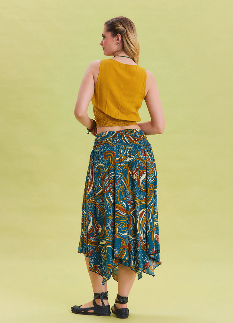 Petrol Midi Skirt with Waist Tie and Gipe Detail 4505