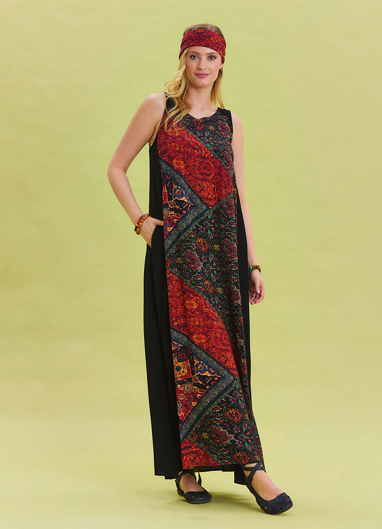 Crew Neck Pocket Detailed Patterned Black Ethnic Dress 4526