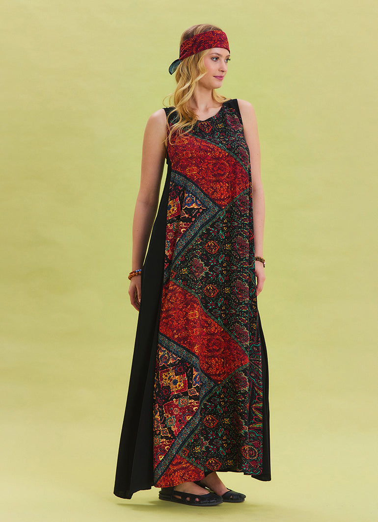 Crew Neck Pocket Detailed Patterned Black Ethnic Dress 4526