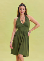 V Neck Halter Khaki Mini Dress 4545