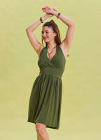 V Neck Halter Khaki Mini Dress 4545