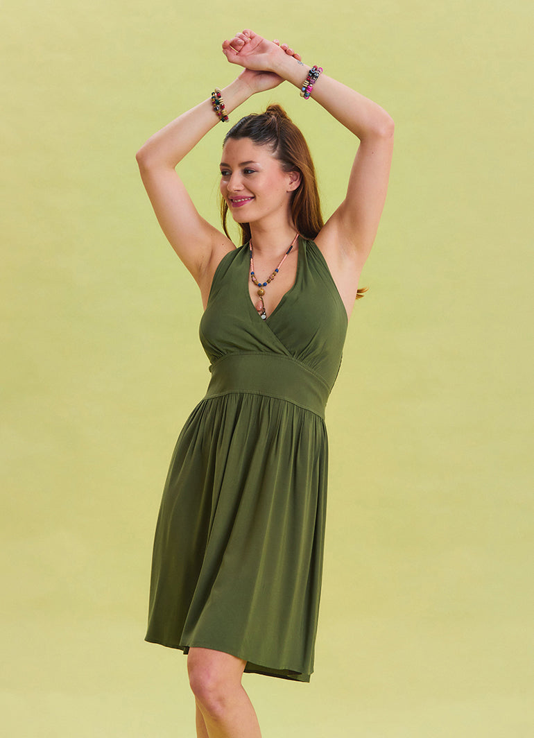 V Neck Halter Khaki Mini Dress 4545