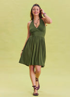 V Neck Halter Khaki Mini Dress 4545