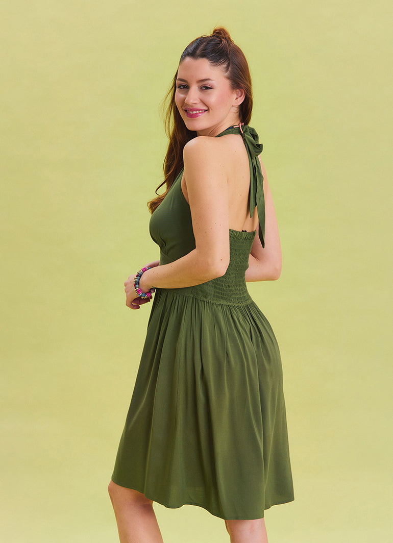 V Neck Halter Khaki Mini Dress 4545