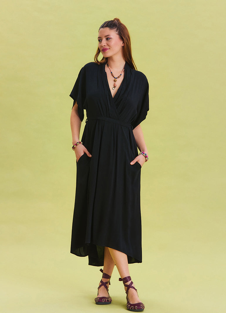 V Neck Gathered Detailed Black Casual Dress 4532