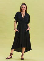 V Neck Gathered Detailed Black Casual Dress 4532