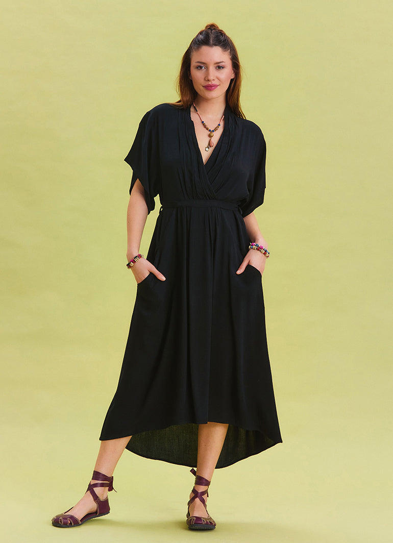 V Neck Gathered Detailed Black Casual Dress 4532