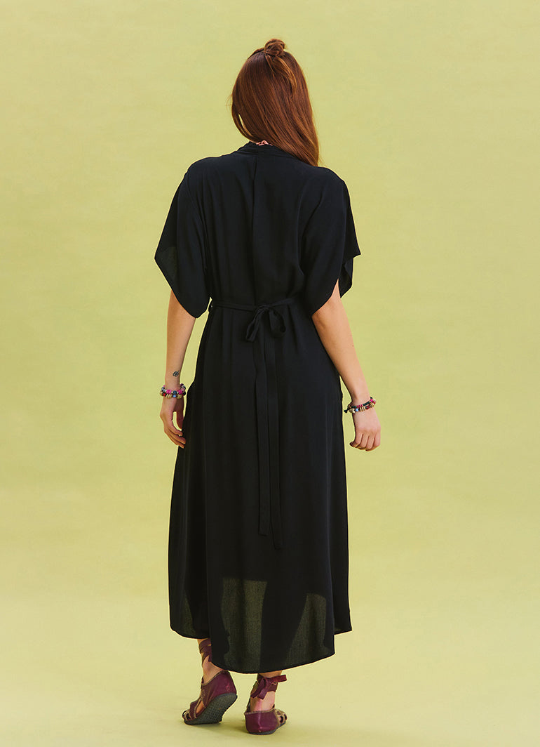 V Neck Gathered Detailed Black Casual Dress 4532