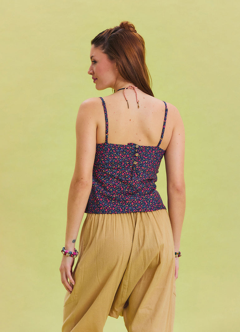 V Neck Thin Straps Pink Laurel Flower Print Sleeveless Blouse 4436