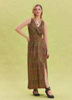 V Neck Slit Detail Patterned Green Long Dress 4455