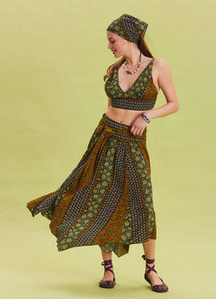 Green Patterned Asymmetrical Skirt with Gipe Detail and Tied Waist 4503