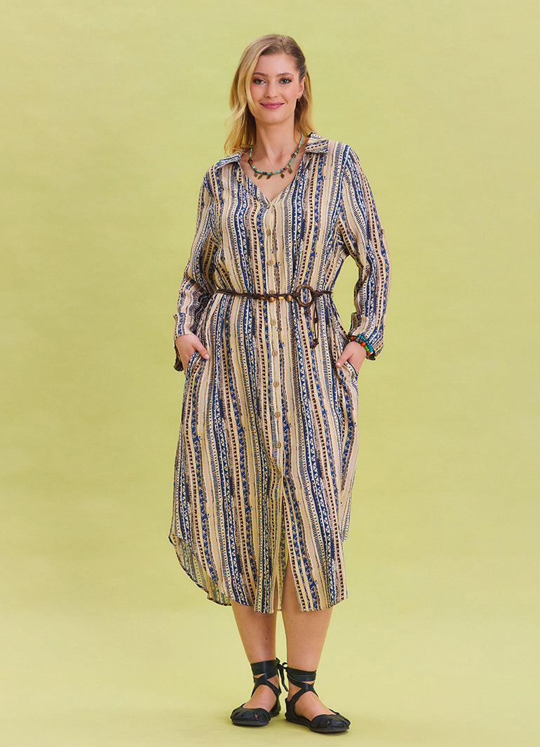 Patterned Shirt Collar Belt Detailed Beige Long Sleeve Dress 4450