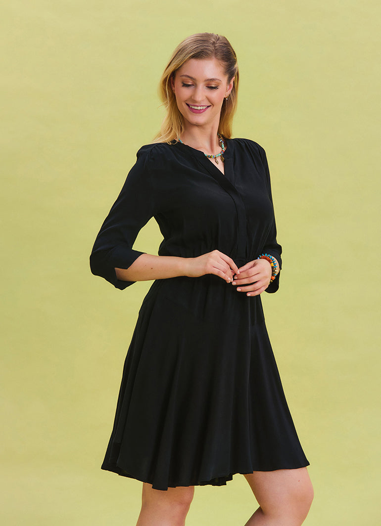 Black Midi Dress with Judge Collar and Button Detail 4463