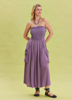 Strapless Chest Pocket Detailed Lilac Flared Dress 4460