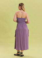 Strapless Chest Pocket Detailed Lilac Flared Dress 4460