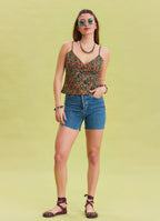 Flower Printed Thin Straps Adjustable Green Crop Blouse 4439