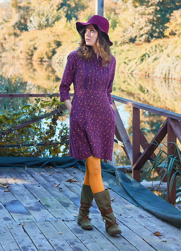 Shirt Collar Button Detailed Lace Purple Flannel Dress 4698