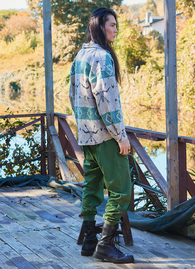 Khaki Mens Trousers with Elastic Waistband and Buttons and Rope Detail 4778