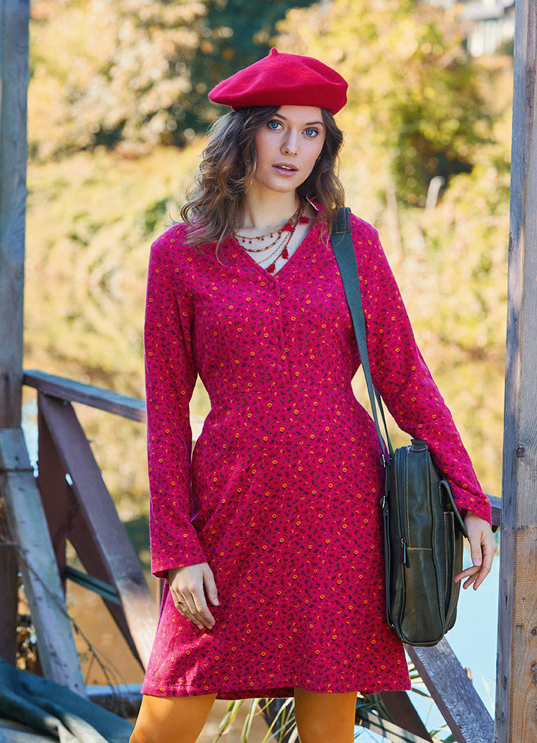 Fuchsia Flannel Dress with a Grandad Collar and Button Detail 4729