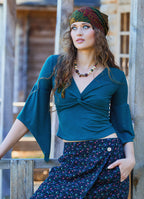 Double Breasted Half Sleeve Green Winter Blouse 4724