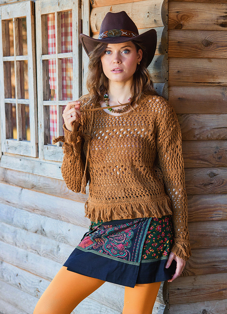 Crew Neck Tasseled Brown Winter Blouse 4742