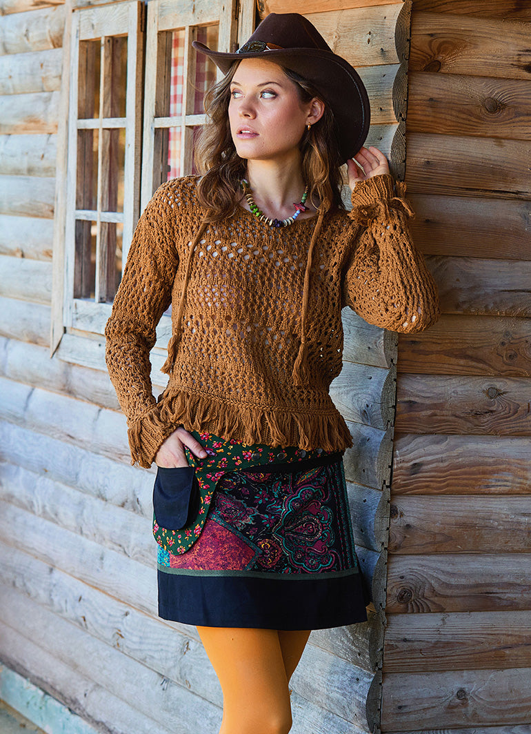 Snap Front Pocket Patchwork Wrapped Black Ethnic Skirt 4686