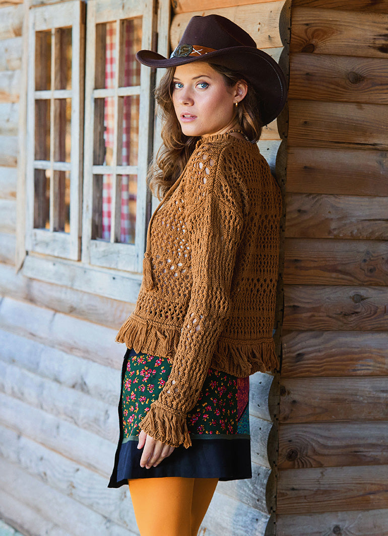 Crew Neck Tasseled Brown Winter Blouse 4742
