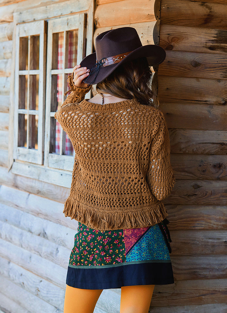 Crew Neck Tasseled Brown Winter Blouse 4742