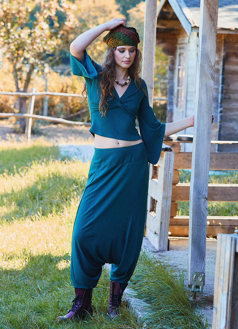 Low Rise Elasticated Crotch Green Womens Casual Trousers 4717