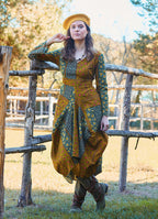 V Neck Belt Detailed Green Floral Dress with Pockets 4741