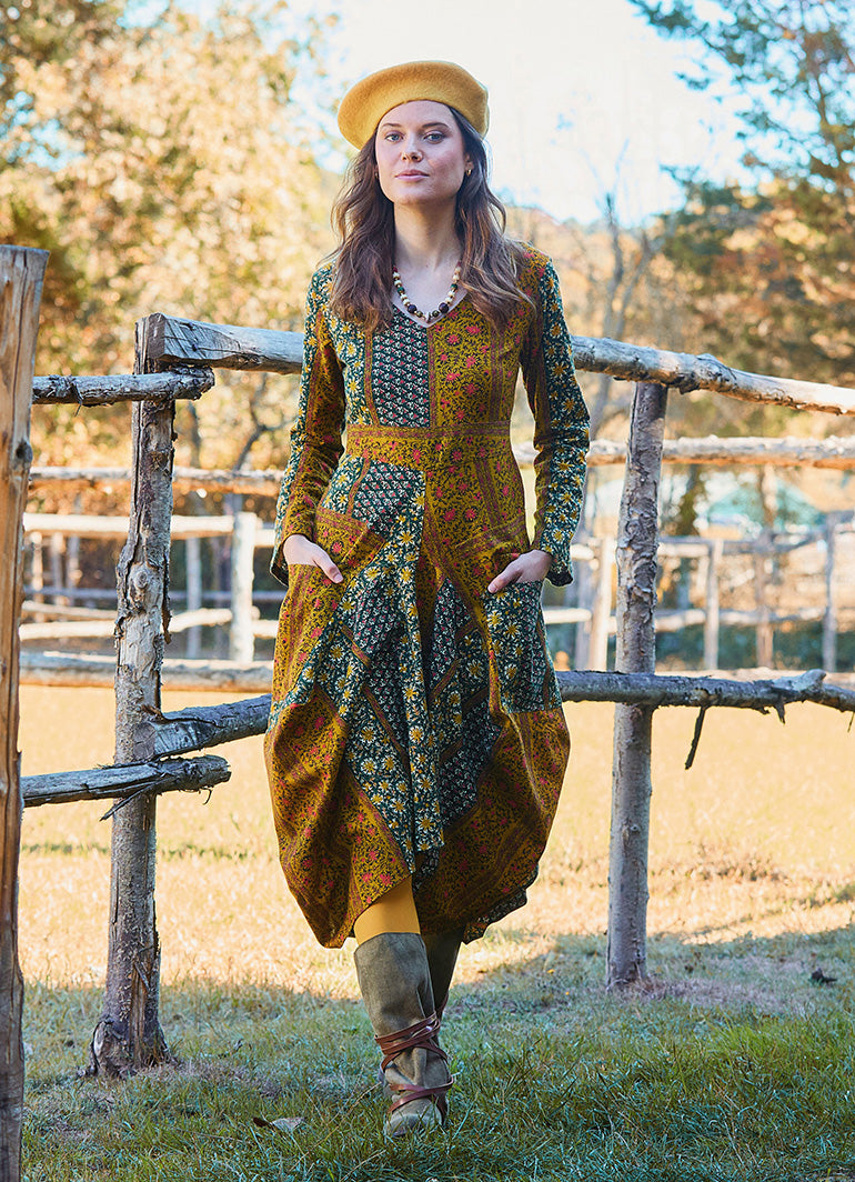 V Neck Belt Detailed Green Floral Dress with Pockets 4741